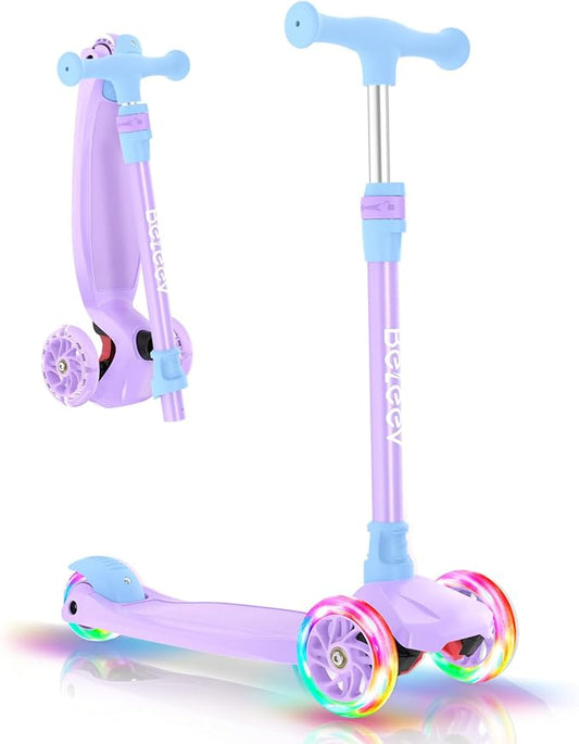 BELEEV Scooters for Kids 3 Wheel Kick Scooter for Toddlers Girls Boys, 4 Adjustable Height, Lean to Steer, Light up Wheels, Extra-Wide Deck, Easy to Assemble for Children Ages 3-12
