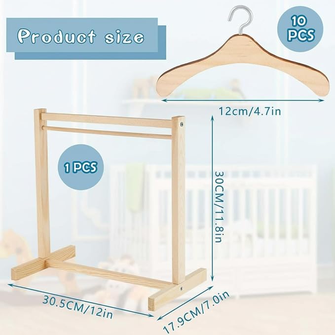 Civaner 11 Pcs Doll Garment Rack with Wooden Clothes Hanger for 18 Inch Girl Doll Clothes Mini Hangers Wardrobe Furniture Accessories for Dollhouse Baby Shower Supplies (Wood)