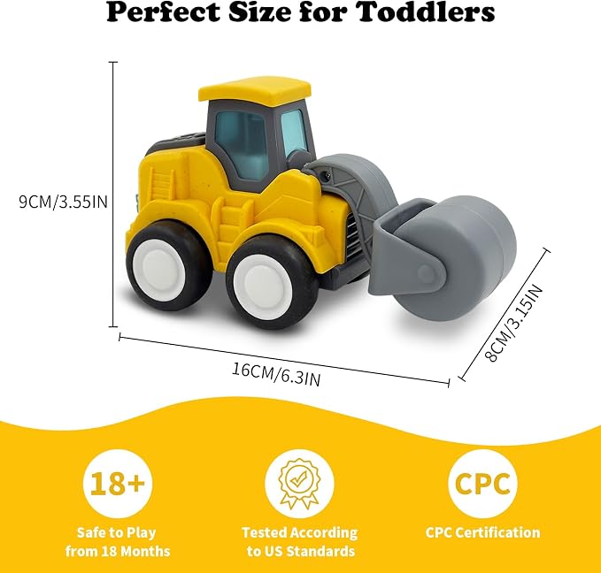 Construction Toys for Toddlers 1-3 Years Old, Press and Go Road Roller Truck Sand Toys with Movable Arm, Safe Wheat Straw Material, Birthday for Boys and Girls