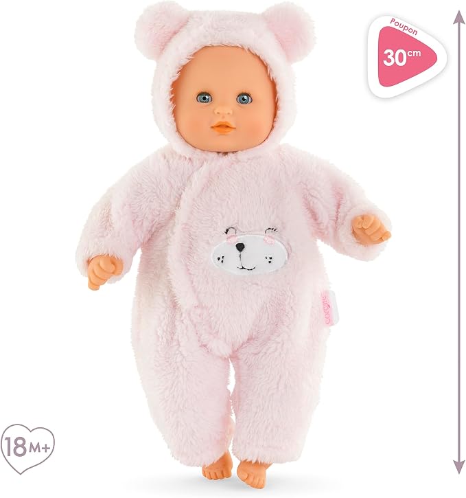 Corolle My First Baby Doll Cuddly Teddy Bear - 12" Soft Boy Baby Doll with Vanilla Scent, Pink Bear Outfit & Sleeping Eyes for Girls, Cute Reborn Realistic Baby Dolls for 2 Year Old Girls