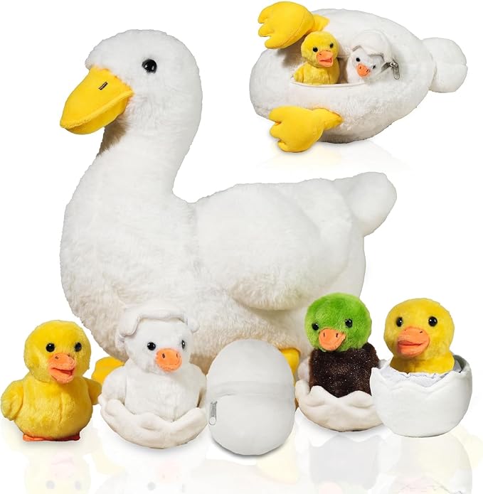 7 in 1 Duck Stuffed Animal, 12" Zippered Mommy Stuffed White Duck Plush Toy with 4 Baby Ducklings and Eggs, Soft Duck Plushie Pillow for Kids Christmas Birthday Gift Farm Party