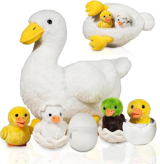 7 in 1 Duck Stuffed Animal, 12" Zippered Mommy Stuffed White Duck Plush Toy with 4 Baby Ducklings and Eggs, Soft Duck Plushie Pillow for Kids Christmas Birthday Gift Farm Party