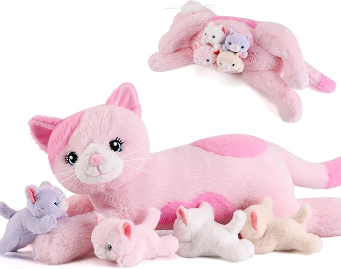 gnomantic Cat Stuffed Animals with Babies Inside, Mommy Toy for Kids | 5-Piece set: 1 mommy cat + 4 baby kittens inside. Unzip belly to reveal surprise babies. Ultra-soft, ages 3-8.