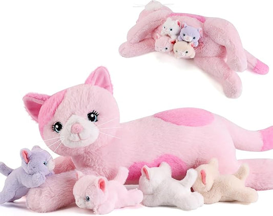 gnomantic Cat Stuffed Animals with Babies Inside, Mommy Toy for Kids | 5-Piece set: 1 mommy cat + 4 baby kittens inside. Unzip belly to reveal surprise babies. Ultra-soft, ages 3-8.