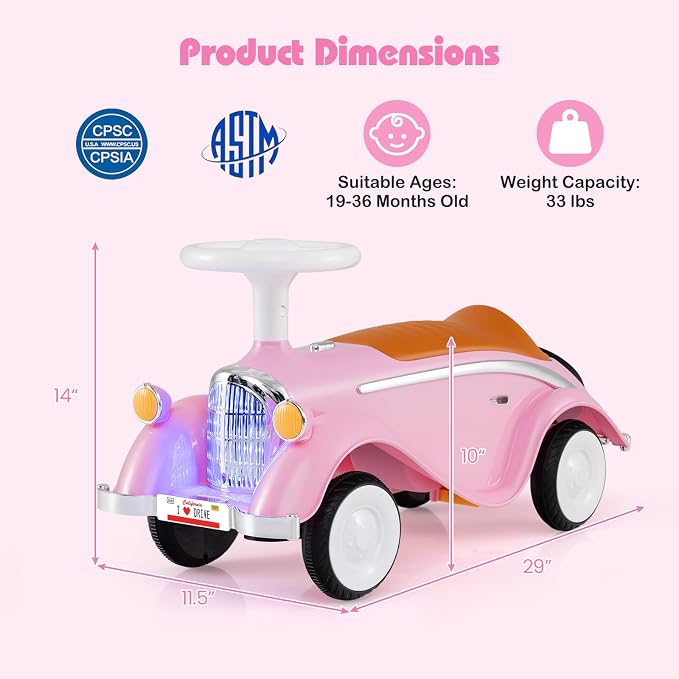 Costzon Toddler Ride On Toy, Classic Foot to Floor Sliding Car w/Steering Wheel, Horn, Headlights & Under Seat Storage, Kids Push Ride-Ons, Retro Baby Ride On Toys for Boys Girls 19-36 Months (Pink)