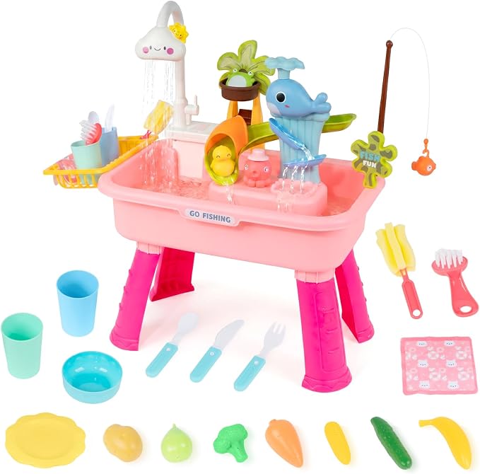 Upgraded Toddler Sand Water Table Toy with Electric Water Pump, 4-in-1 Kids Outdoor Play Center with Faucet Play Food Fishing Game, Kitchen Play Sink Toys for Boys Girls Age 3+ (Pink)