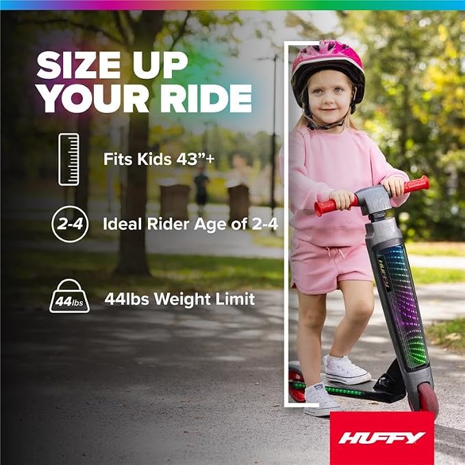 Huffy Light Up Inline Scooter for Kids, 2 Wheel Kick Scooter with LED Lights and Rear Brake, Foldable, Adjustable Handlebar on Select Models, Durable Frame, Licensed Character Graphics