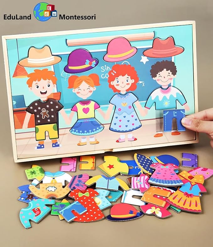 Montessori Practical Life Clothes Hanging Job, Laundry Activity Set with Rope Strings, Clothespins & Dress-Up Air Drying Game Airing Clothes for Toddlers Kids Ages 2-6, Classroom Educational Toy Gift
