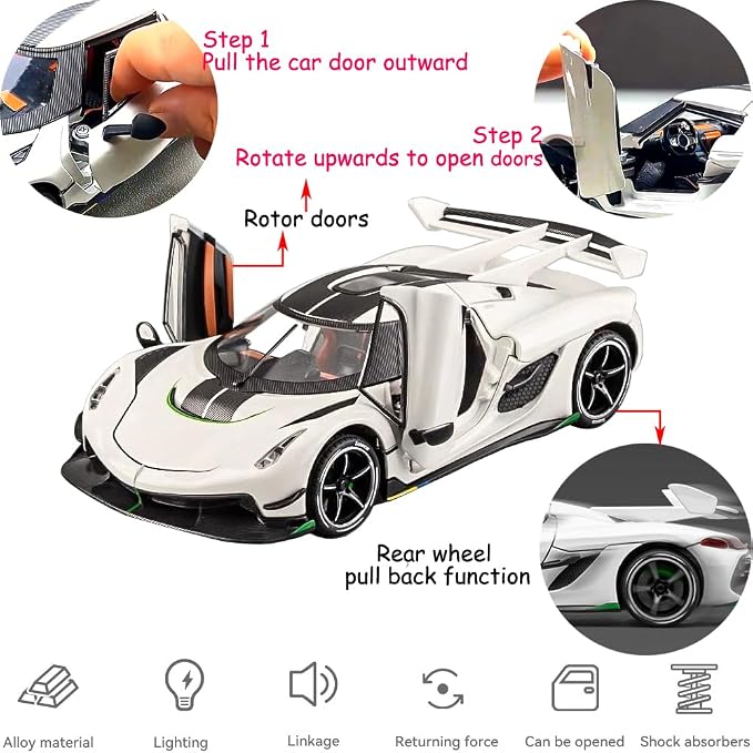 Therina Toy Cars Model Jesko 1/24 White Alloy Collectibles Die-cast Vehicles with Sound and Light