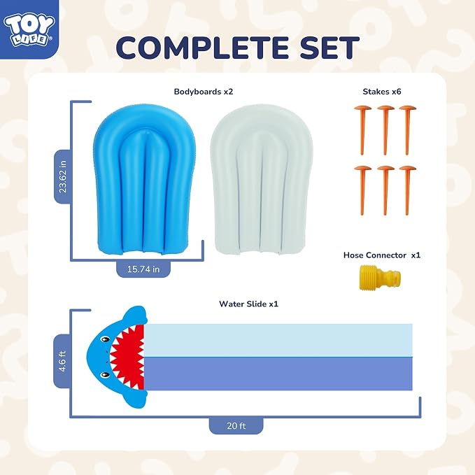 TOY Life Giant Shark Water Slides for Kids 20Ft Waterslide Backyards Lawn with 2 Bodyboards, 2 Lane Slip Splash and Slide Summer Toys with Built-in Sprinkler for Backyard Outdoor Shark Water Toys Fun