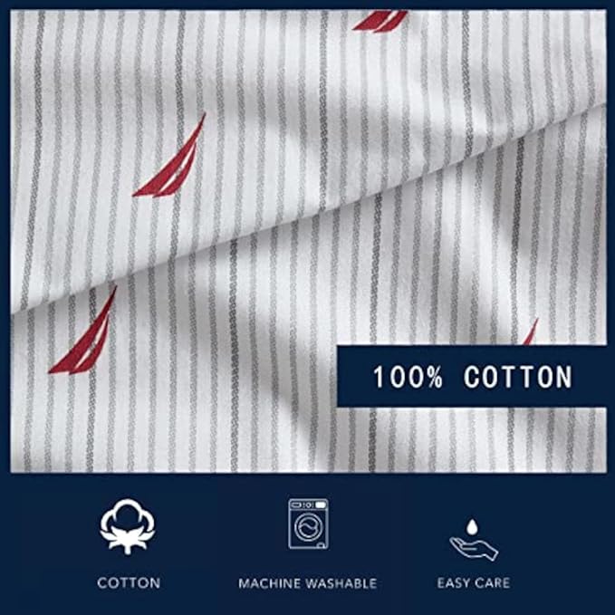 Nautica- Full Size Sheet Set, Crisp & Tailored Cooling Sheets with a Smooth Cotton Percale Lightweight Feel - Bed Sheets with Matching Pillowcases & Fitted Sheet (Audley Stripe Red)