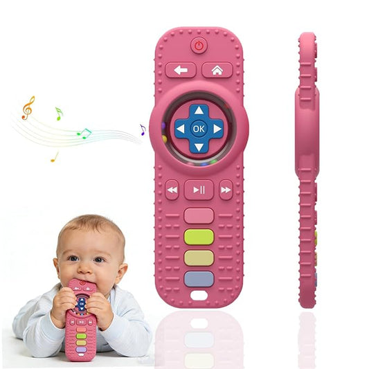 Teething Toys for Baby, Sensory Baby Chew Toy, Rattle Teether Toys for Babies 0-3-6-12 Months, Silicone TV Remote Control Shape for New Baby Gift (Pink)