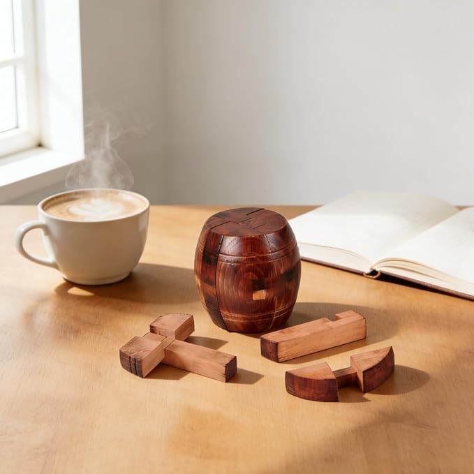 Wooden Brain Teaser Puzzles for Adults - Challenging 3D IQ Logic Games for Teens 14+, Stress Relief Desk Toys & Office Decor, Unique Gifts for Men, Women, Seniors (Barrel)