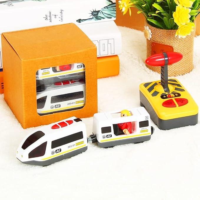 Remote Control Train for Wooden Track – White Bullet Locomotive with Opening Carriage & Action Figure, Lights & Sounds, Touch & Remote Control, Compatible with Thomas & Brio, Gift for Kids 3+