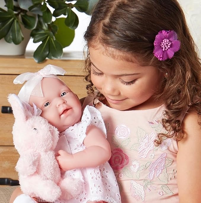 JC Toys La Newborn All-Vinyl-Anatomically Correct Real Girl 15" Doll in White Eyelet Dress with Fluffy Bunny and Accessories Designed by Berenguer