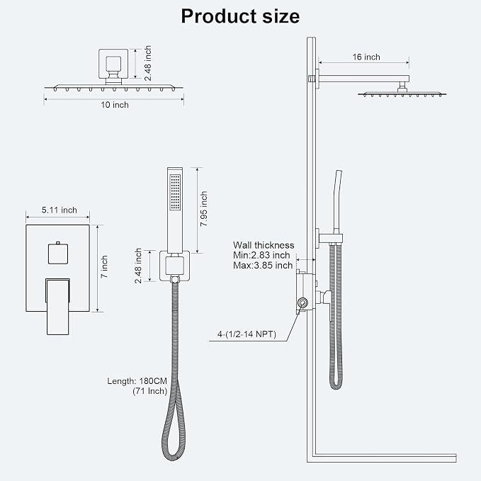 FPXRNG Shower Faucet Set Bathroom Square Rain Shower Head and Handle Set, Wall Mounted Shower Fixtures, Full Metal Trim Repair Kit 10 inch Brushed Nickel (With Shower Valve)