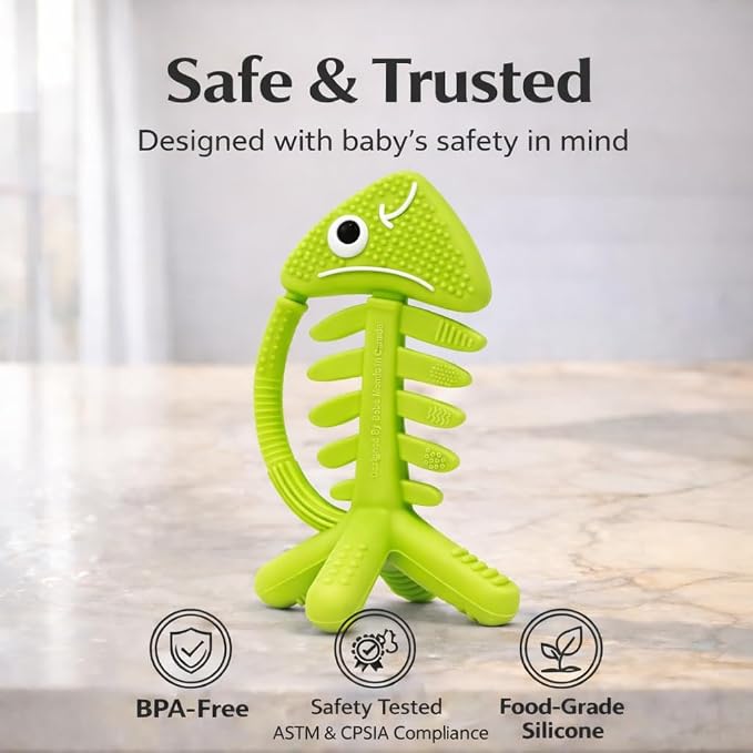 3 in 1 Infant Toys, Baby Teething Toys 3–6 6–12 Months, Teethers for Babies 0–3–6–12 Months for Teething Relief, Baby Gift, Baby Teether Toys, Silicone Sensory Toys, USA Patent Pending, Fish (Green)