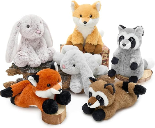 Tezituor 6 Pack Woodland Stuffed Animal Plush Toys, 8 inch Cute Bunny Fox Raccoon Plush Bulk Set, Cuddly Gift for Toddlers & Adults, Ideal for Nursery Decor & Party Favors