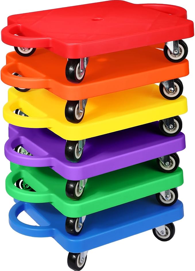 Jerify 6 Pcs Sports Scooter Board Bulk for Kids Gym Scooters Board with Handles Plastic Casters Sitting Flat for Children Gym Indoor Outdoor Activities Play Equipment (Round Handle Mixed Color)