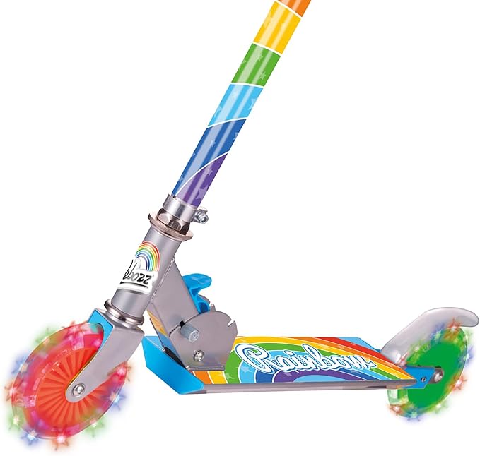 Ozbozz Rainbow Folding Scooter with Light-Up Wheels, Adjustable Height, Rear Brake, for Kids Ages 5 and Up - Portable Design