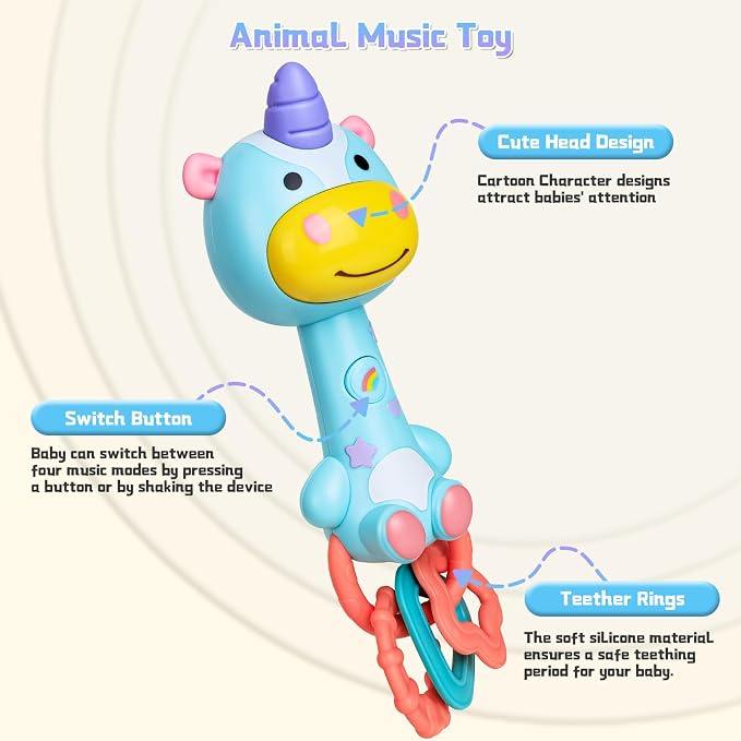 Musical Baby Rattle Toy, Soft Silicone Infant Teething Light-Up Rattle for Sensory Development, Easy Grasp Newborn Toy for 0-3-6-12 Months, Safe Early Learning Gift for Boys Girls