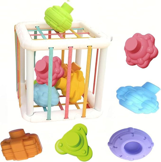 Montessori Toys,6 Pc Multi Sensory Shape Toys and Cube Bin, Shape Sorter Baby Toys for Girls Boys Birthday Gift,Toddler Developmental Learning Toys,Learning & Fine