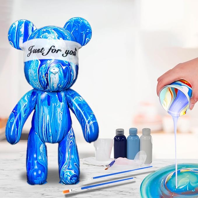 HANDA DIY Painting Fluid Bear Teddy Bear Painting Kit Set Creative Home Decorations Handmade Doll Figurine Toys Gift for Birthday Valentines (9.05 inch, Blue+White)