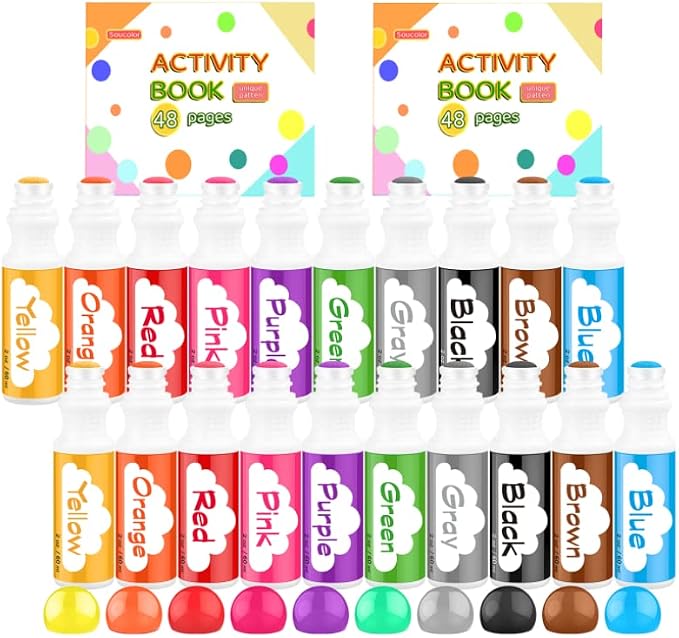 Soucolor 20-Pack 10 Colors Washable Bingo Paint Daubers Markers for Toddlers Kids Preschool, Dot Markers Set with 48 Pages Tearable Activity Book for Toddler Arts and Crafts Kits Supplies