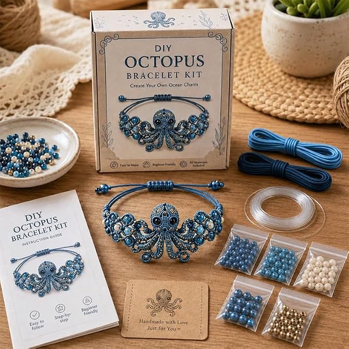 DIY Beaded Bracelet Making Kit, Beginner-Friendly Beaded Bracelet Animal Making Kit, Three-Dimensional Beadwork Jewelry Craft Kit with Full-Color Instruction Sheet, for Craft Lover (Octopus)