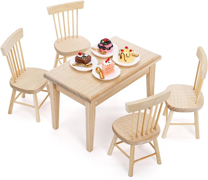 Nicunom Dollhouse Dining Room Furniture Set, 1/12 Scale Miniature Table and 4 Chairs, Wooden Doll House Accessories