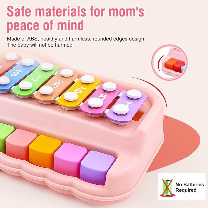 Pink 2-in-1 Toddler Xylophone Piano Toy, Toddler 8 Key Musical Instrument with Mallets & Music Cards, Montessori Educational Gift for Girls Ages 1-3