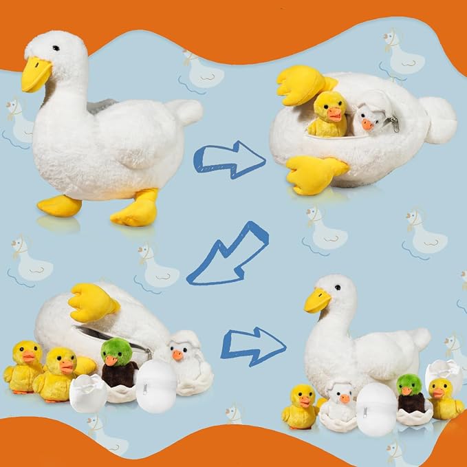 Youthfuljive 7 in 1 Duck Stuffed Animal Plush Duck Toys for Kids Toddlers, 12" Mommy White Stuffed Duck Plush Toy with 4 Baby Ducks Ducklings Eggs Duck Plushie Pillow for Birthday Farm Party