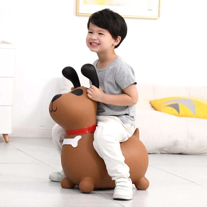 INPANY Bouncy Brown Dog Horse Hopper for Toddlers - Bouncing Horse Hopper, Ride on Animal Toys for Girls Boys, Inflatable Riding Gifts- (Include Pump)