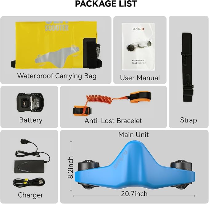 Asiwo Underwater Scooter, Sea Scooter Dual Motors with Action Camera Mount for Kids/Adults, Water Scooter 40M Waterproof for Scuba Diving Snorkeling Pool Sea Adventures