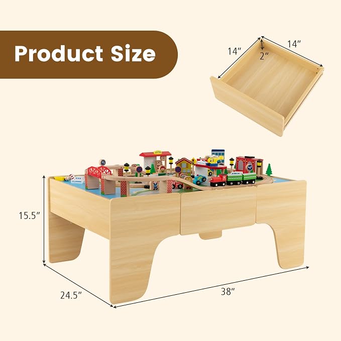 Costzon Train Table, 3-in-1 Wooden Train Set Table w/Reversible 84 PCS Track Train Toys, Table Map & Storage Drawer for Building, Playing, Studying, Kids Activity Table for Toddlers Aged 18 M+