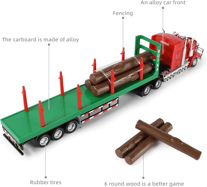 Logging Semi Truck and Trailer Toy, Large 1/50 for Kenworth W900 Diecast Metal Truck Tractor Trailer Transport Series Lumber Gifts for Boys Adult Model Car Collector -Red