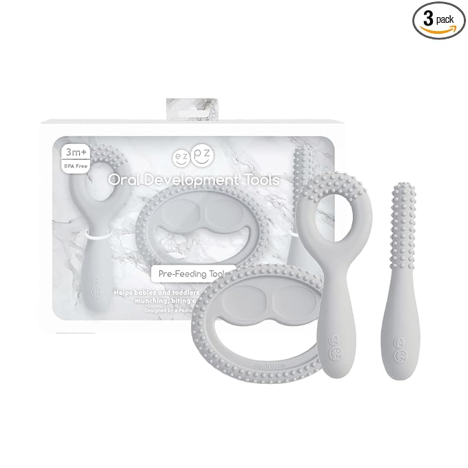 ezpz Oral Development Tools (3 Pack in Pewter) - 3 Months+ - Non-Slip Loop, Smile and Stick 100% Silicone Tools - Prepare for Chewing + Solids - Baby-Led Weaning Supplies