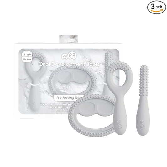 ezpz Oral Development Tools (3 Pack in Pewter) - 3 Months+ - Non-Slip Loop, Smile and Stick 100% Silicone Tools - Prepare for Chewing + Solids - Baby-Led Weaning Supplies