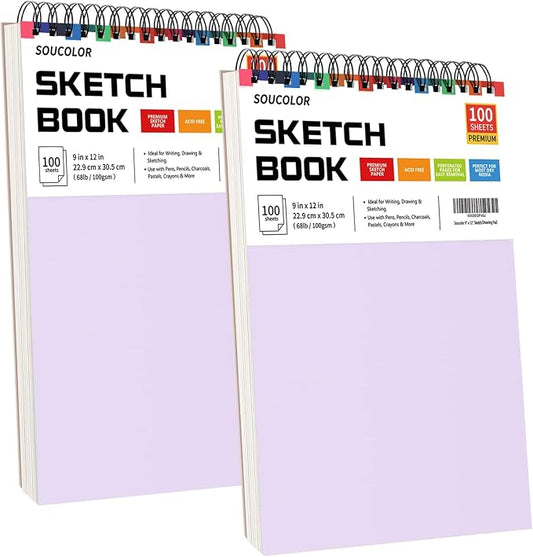 Soucolor 9" x 12" Sketch Book, 2 Pack School Art Supplies Gifts for Girl, Birthday Gifts for Women, Thank You Gifts, Stocking Stuffers,200-Sheets Each (68lb/100gsm) Purple Drawing Notebook for Kids
