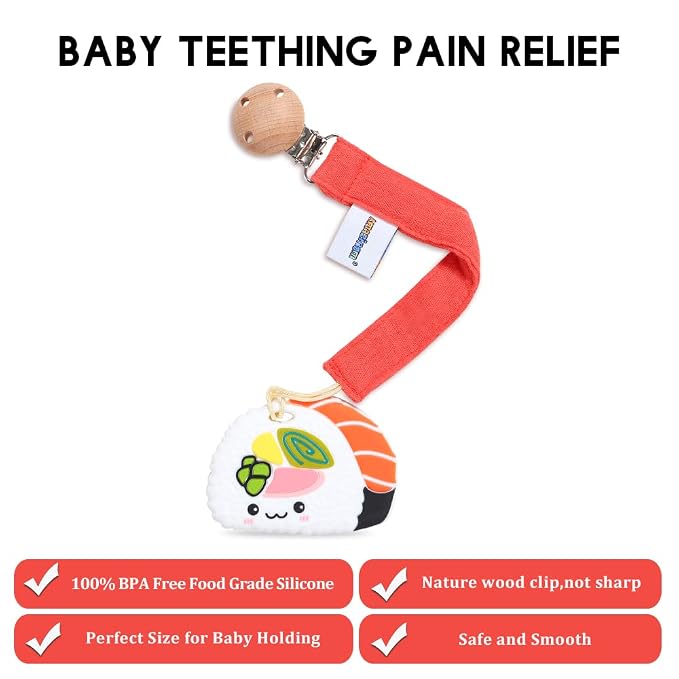 Baby Food Grade Silicone Teether Toy with Pacifier Clip Holder,Teething Pain Relief Toys Gift Set for 3 Months+ Boys and Girls,Freezer Safe,BPA Free (Sushi)