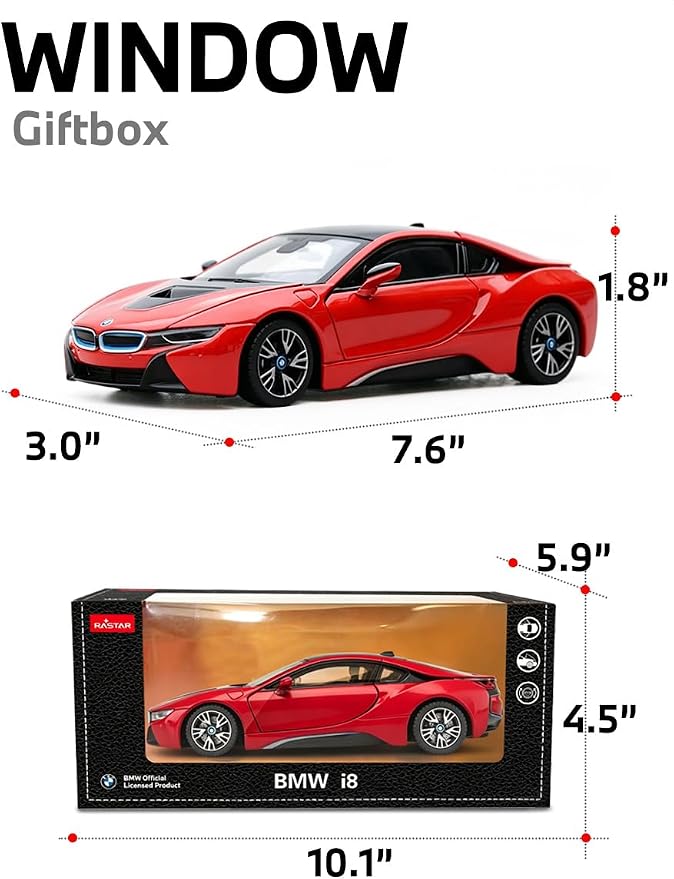 RASTAR 1/24 Diecast Model Car BMW i8, Durable & Collectible, 56500 | Officially Licensed, Ideal Gift, Rich Detail, Openable Doors & Hood, Zinc Alloy, Smooth Rolling Wheels, Play & Display