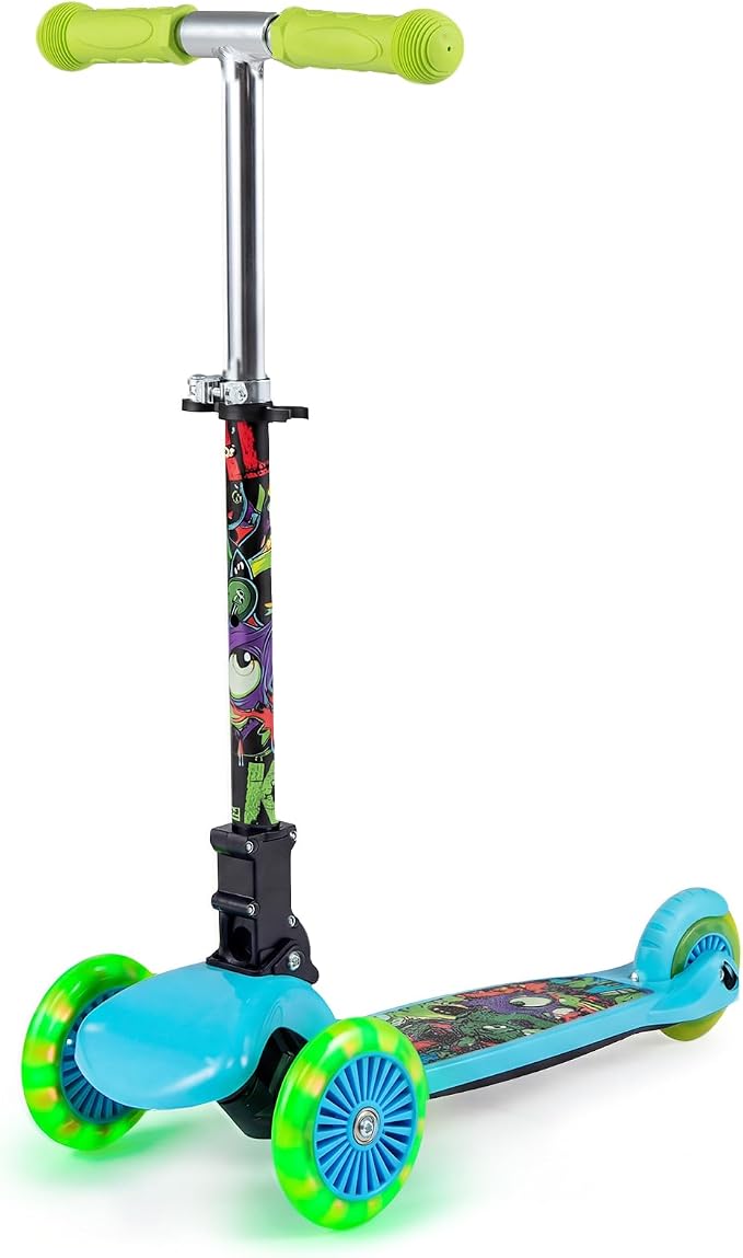 OLAKIDS Kids Kick Scooter with LED Front Wheels, 3-Level Adjustable Handlebars, Lean-to-Steer Design, Rear Foot Brake, Wide Anti Slip Deck, 3-Wheel Scooter for Kids Ages 2-5