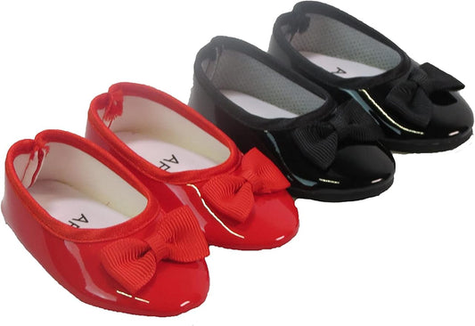 American Fashion World Black and Red Bow Flats for 18-Inch Dolls | Premium Quality & Trendy Design | Dolls Shoes | Shoe Fashion for Dolls for Popular Brands