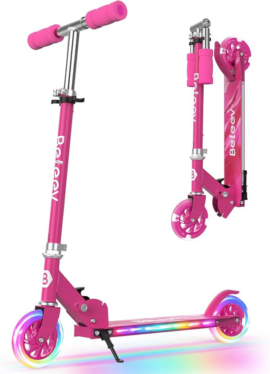 BELEEV V1 Scooters for Kids, 2 Wheel Folding Kick Scooter for Girls Boys, 3 Adjustable Height, Light Up Wheels, Lightweight Scooter with Sturdy Frame, Kickstand for Children 3 to 12 Years Old