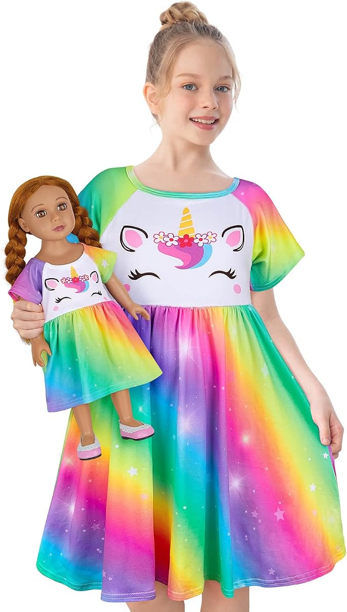 Play Tailor Doll and Girl Matching Nightgown Unicorn Outfit Pajamas Night Dress for Girls and 18" Dolls Clothes