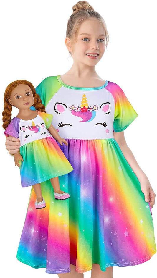 Play Tailor Doll and Girl Matching Nightgown Unicorn Outfit Pajamas Night Dress for Girls and 18" Dolls Clothes