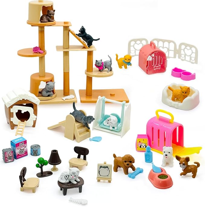 60PCS Realistic Cat & Dog Figures Playset - Educational Pet Pretend Play Toys for Kids Ages 3+, Role Play Kit with Animal Figures & Accessories for Boys & Girls Learning & Imagination Development