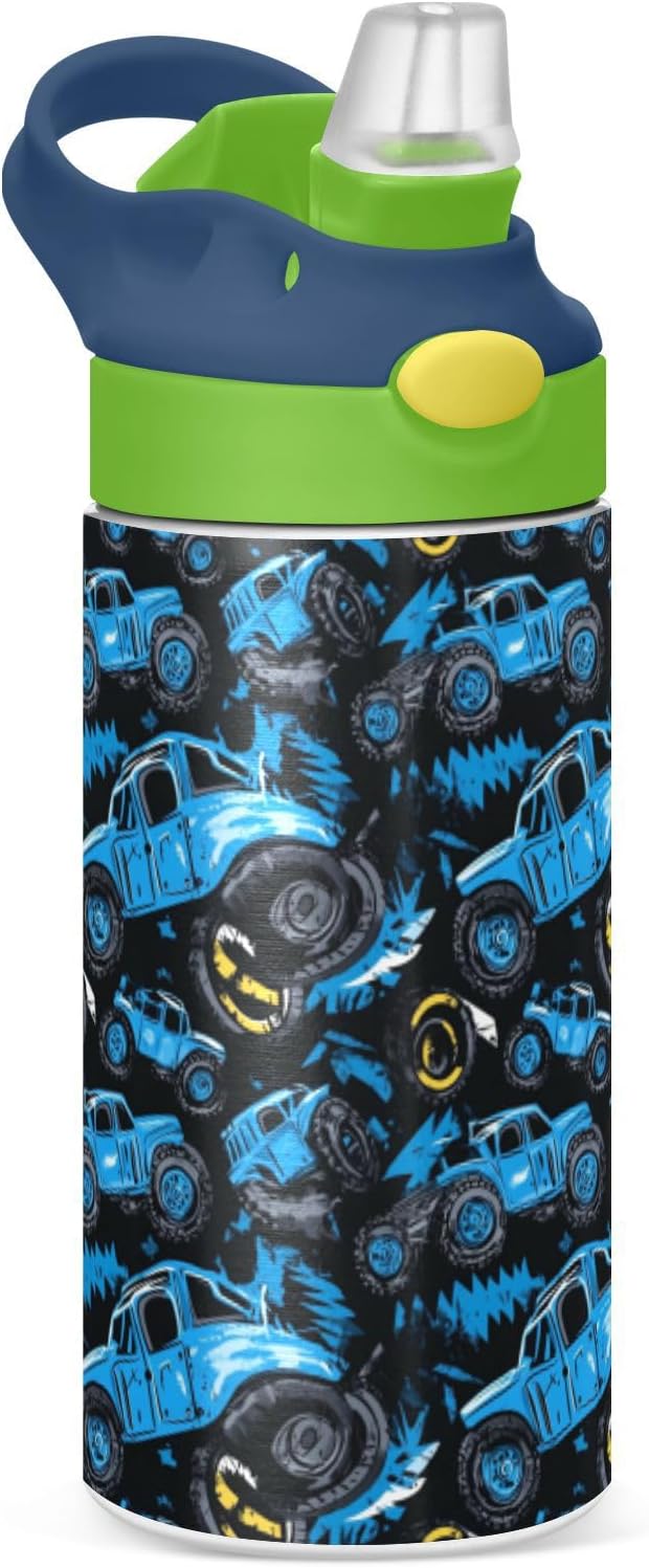 Boccsty Abstract Monster Trucks Kids Water Bottle with Straw Lid Tire Tracks Car Insulated Stainless Steel Reusable Tumbler for Boys Girls Toddlers 12 oz Green