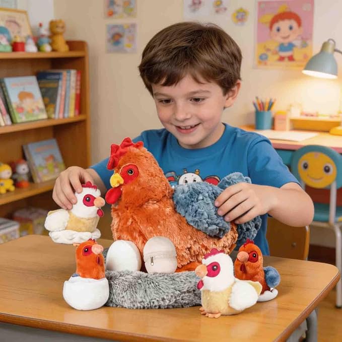 9 in 1 Chicken Stuffed Animal Set, Stuffed Chicken Plush Toy for Kids Zippered Egg Laying Hen with Coop Baby Chicks and Eggs, Chickens Toys for Kids Girls Boys Christmas Birthday Gift