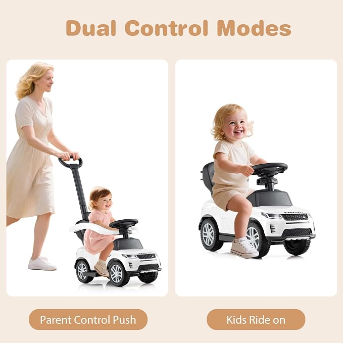 OLAKIDS Push Car for Toddlers, 3 in 1 Licensed Landrover Baby Ride on Toy with Parent Control Handle Safe Guardrails, Kids Sliding Walker with Under Seat Storage Horn for Boys Girls (White)